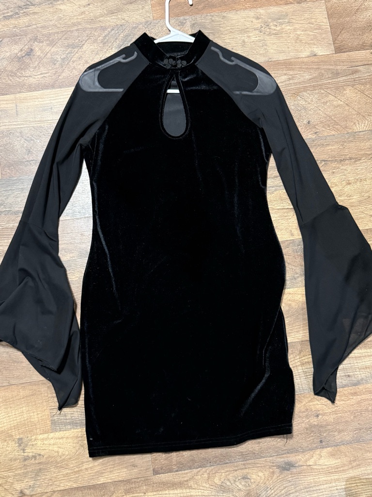Romwe Goth Black Velvet Dress Sheer Flare Bell Sleeve Cutout Size S